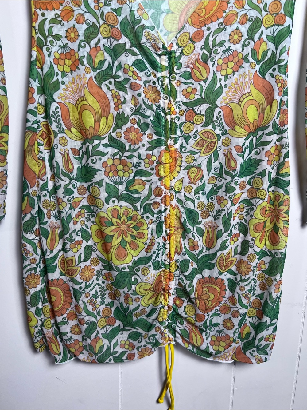 Retro Hippie Mesh Floral Long-Sleeve Mini Sheer Dress Deep V Back - Picture 7 of 14